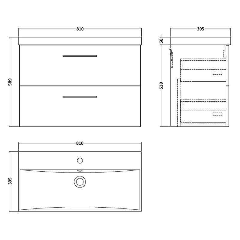 Nuie Arno Wall Hung 2 Drawer Vanity & Basin 3 (1 size, 9 colours) - Brand New Bathrooms
