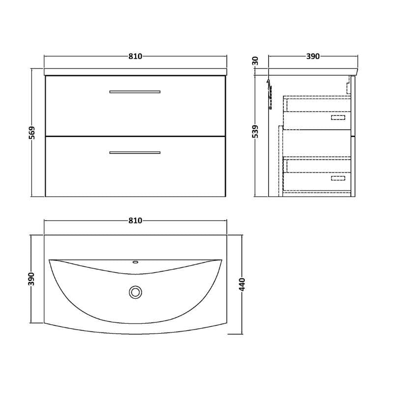 Nuie Arno Wall Hung 2 Drawer Vanity & Basin 4 (1 size, 9 colours) - Brand New Bathrooms