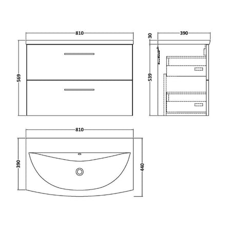 Nuie Arno Wall Hung 2 Drawer Vanity & Basin 4 (1 size, 9 colours) - Brand New Bathrooms