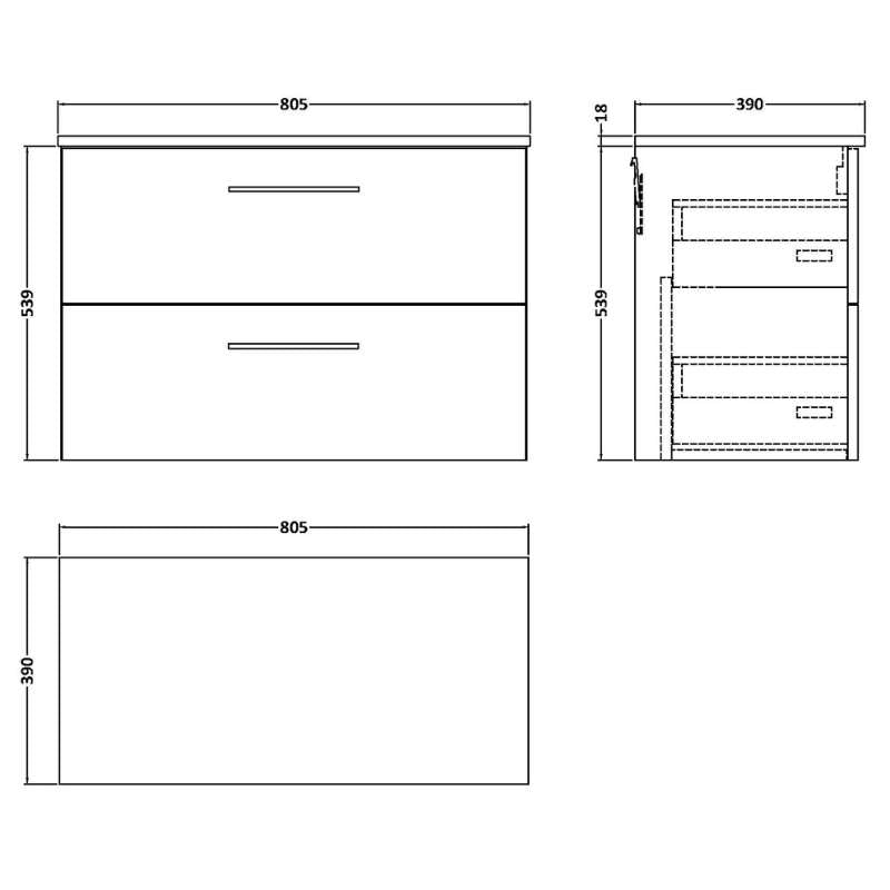 Nuie Arno Wall Hung 2 Drawer Vanity & Worktop (1 size, 9 colours) - Brand New Bathrooms
