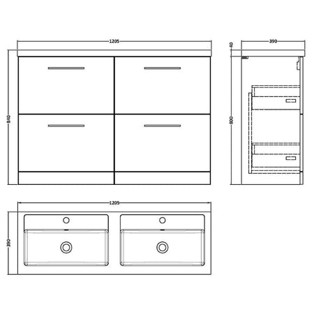 Nuie Arno Floor Standing 4 Drawer Vanity & Double Basin 1 (1 size, 9 colours) - Brand New Bathrooms
