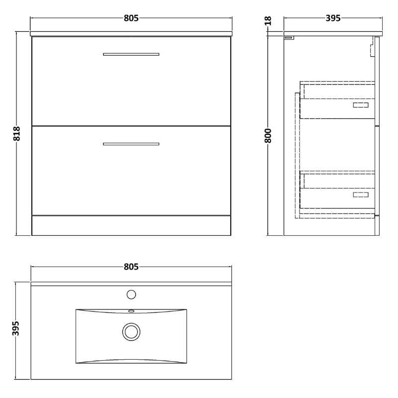 Nuie Arno Floor Standing 2 Drawer Vanity & Basin 2 (1 size, 8 colours) - Brand New Bathrooms