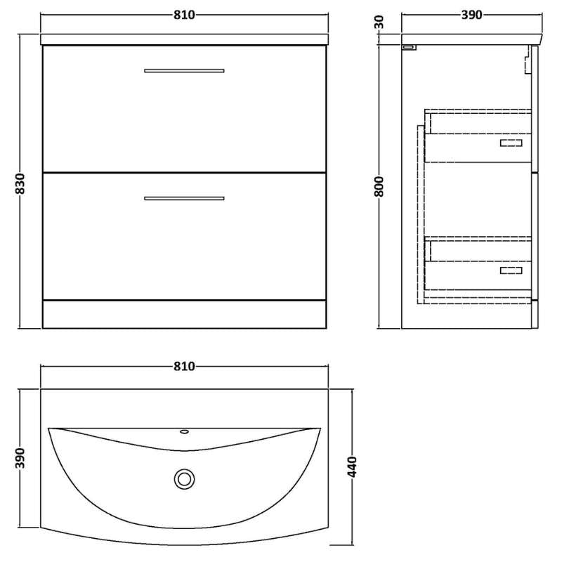 Nuie Arno Floor Standing 2 Drawer Vanity & Basin 4 (1 size, 9 colours) - Brand New Bathrooms