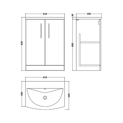 Nuie Arno Floor Standing 2 Door Vanity & Curved Ceramic Basin (1 size, Satin Grey) - Brand New Bathrooms