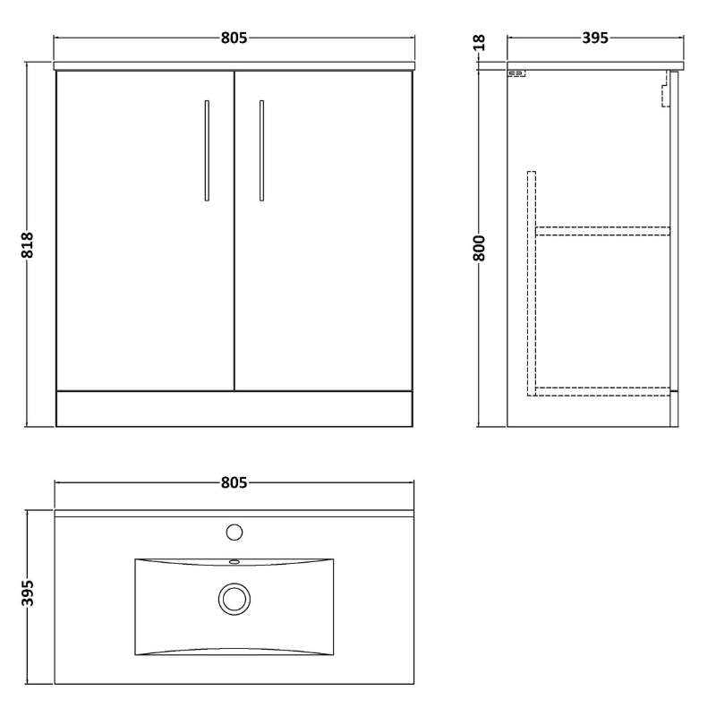 Nuie Arno Floor Standing 2-Door Vanity & Minimalist Basin (1 size, 9 colours) - Brand New Bathrooms