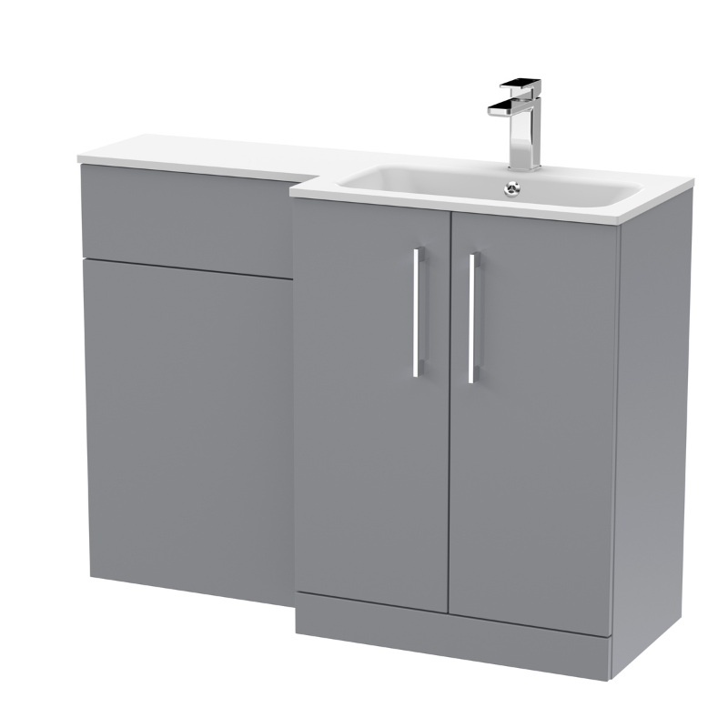 Nuie Arno Floor Standing 1100mm Left Hand Combination Vanity Unit (1 size, 2 style, Satin Grey) - Brand New Bathrooms