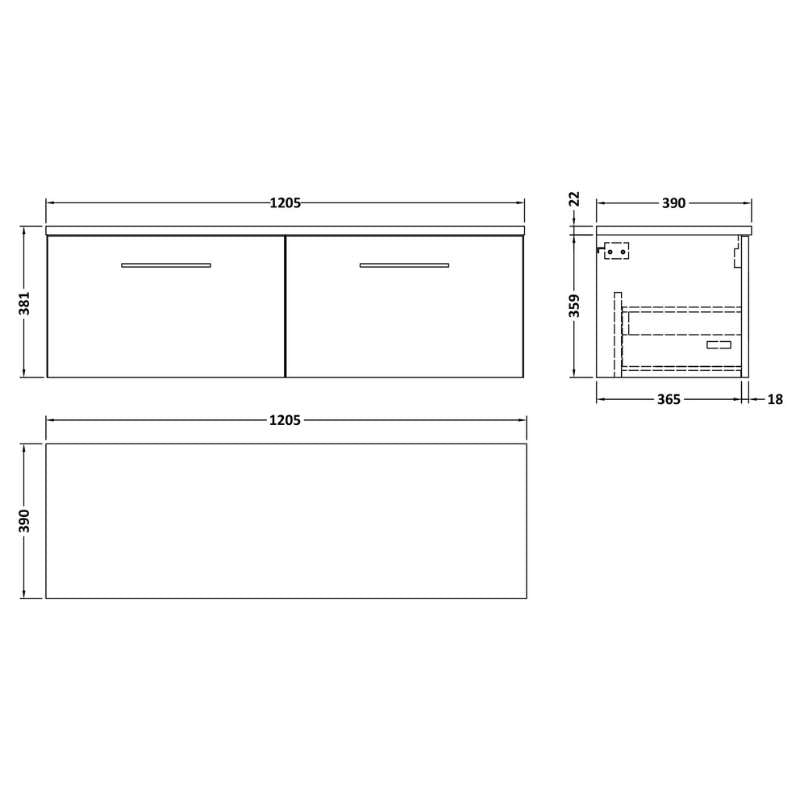 Nuie Arno Wall Hung 2-Drawer Vanity & Laminate Worktop (1 size, 8 colours) - Brand New Bathrooms