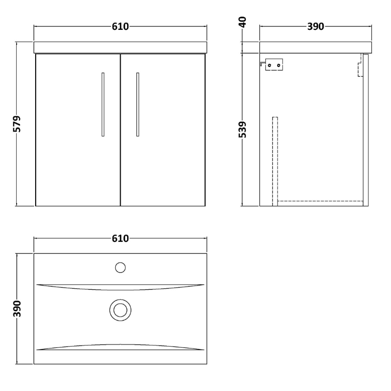 Nuie Arno Wall Hung 2 Door Vanity & Mid-Edge Ceramic Basin (1 size, Satin Grey) - Brand New Bathrooms