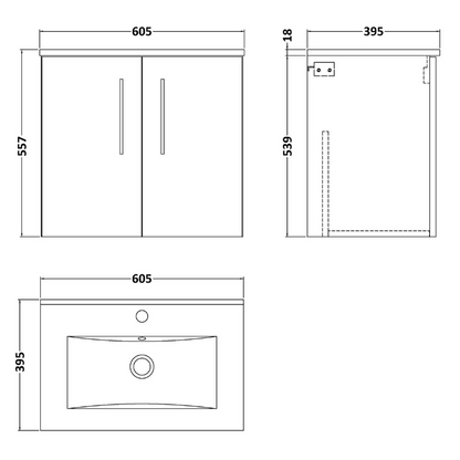 Nuie Arno Wall Hung 2 Door Vanity & Minimalist Ceramic Basin (1 size, Satin Grey) - Brand New Bathrooms