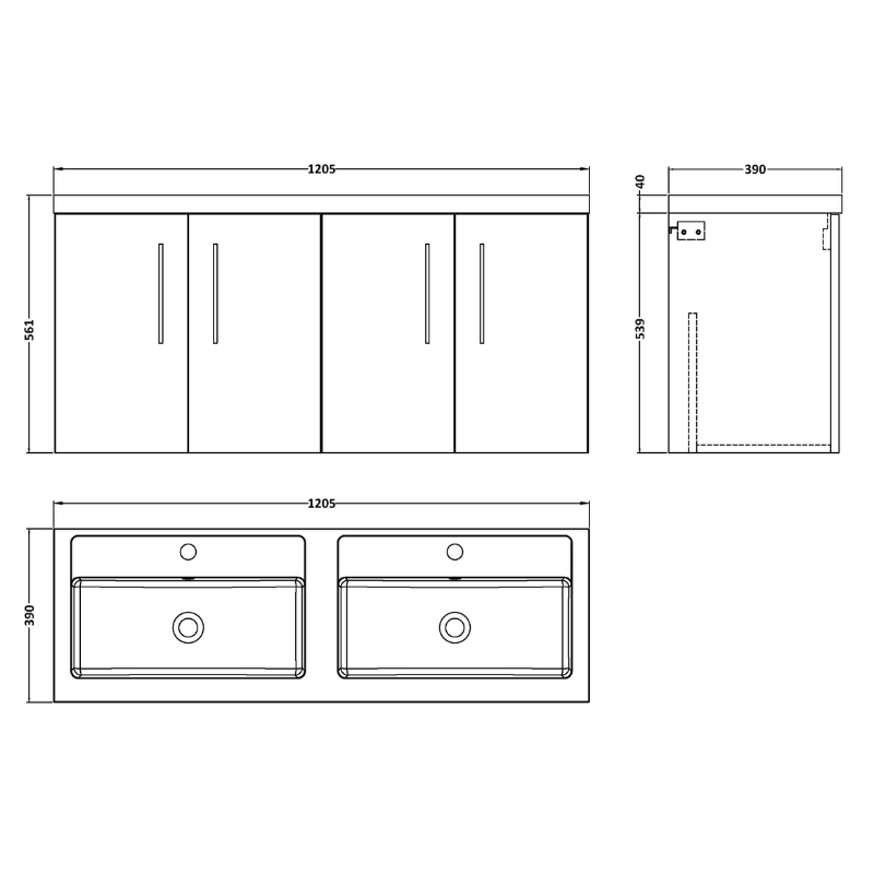 Nuie Arno Wall Hung 4 Door Vanity & Double Polymarble Basin (1 size, Satin Grey) - Brand New Bathrooms