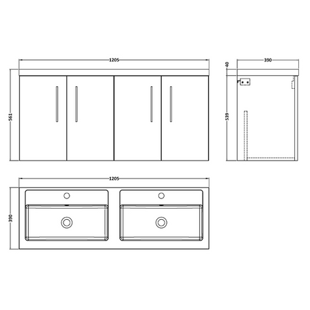 Nuie Arno Wall Hung 4 Door Vanity & Double Polymarble Basin (1 size, Satin Grey) - Brand New Bathrooms