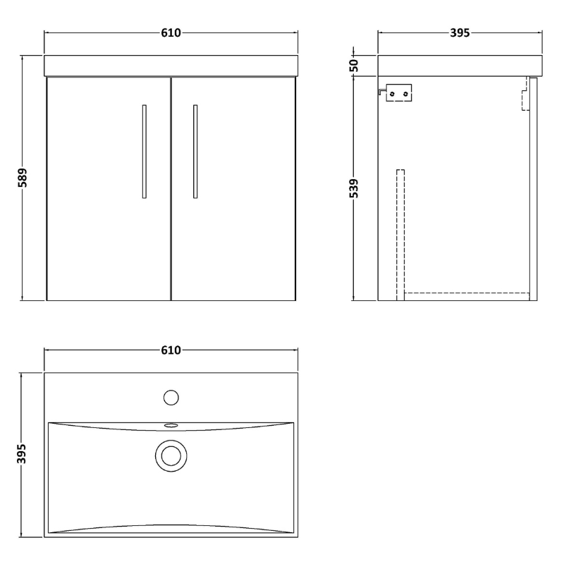 Nuie Arno Wall Hung 2 Door Vanity & Thin-Edge Ceramic Basin (1 size, Satin Grey) - Brand New Bathrooms