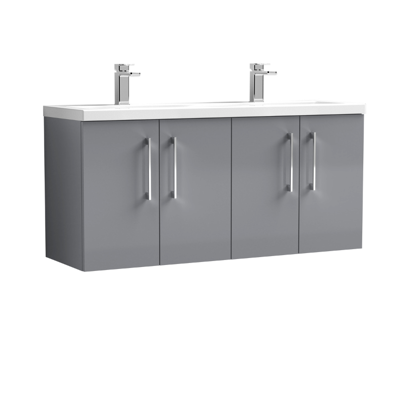 Nuie Arno Wall Hung 4 Door Vanity & Double Ceramic Basin (1 size, Satin Grey) - Brand New Bathrooms