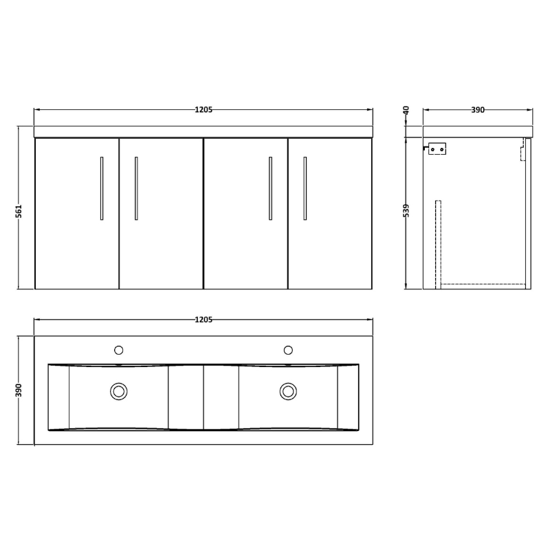 Nuie Arno Wall Hung 4 Door Vanity & Double Ceramic Basin (1 size, Satin Grey) - Brand New Bathrooms