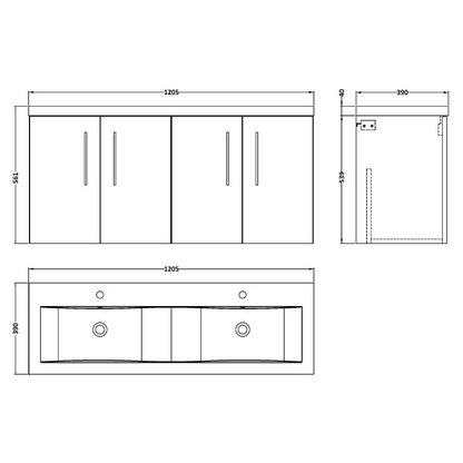 Nuie Arno Wall Hung 4 Door Vanity & Double Ceramic Basin (1 size, Satin Grey) - Brand New Bathrooms