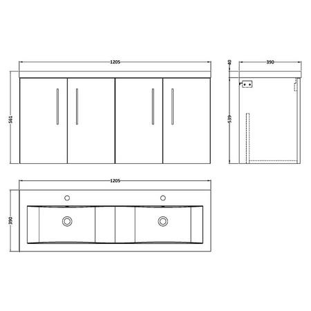 Nuie Arno Wall Hung 4 Door Vanity & Double Ceramic Basin (1 size, Satin Grey) - Brand New Bathrooms