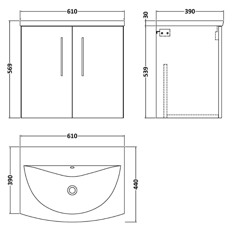 Nuie Arno Wall Hung 2 Door Vanity & Curved Ceramic Basin 4 (1 size, Satin Grey) - Brand New Bathrooms
