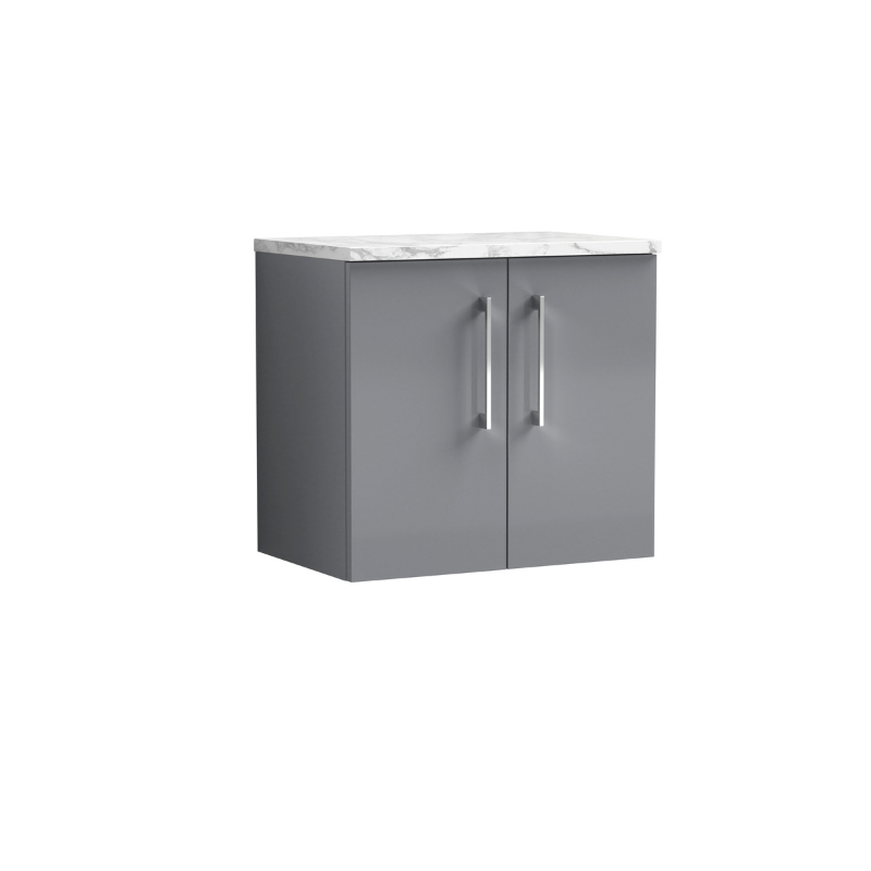Nuie Arno 600mm Wall Hung 2-Door Vanity & Laminate Worktop (1 size, Satin Grey) - Brand New Bathrooms