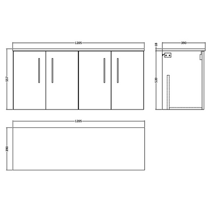 Nuie Arno Wall Hung 4 Door Vanity & Laminate Worktop (1 size, Satin Grey) - Brand New Bathrooms