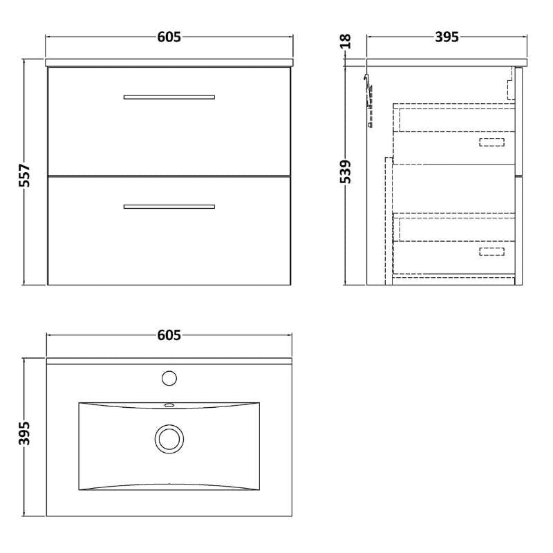 Nuie Arno Wall Hung 2 Drawer Vanity & Basin 2 (1 size, 9 colours) - Brand New Bathrooms