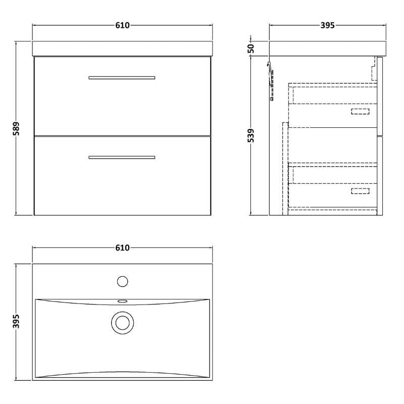 Nuie Arno Wall Hung 2 Drawer Vanity & Basin 3 (1 size, 9 colours) - Brand New Bathrooms