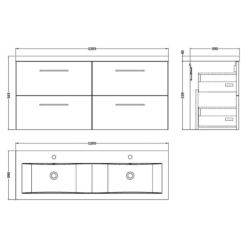 Nuie Arno Wall Hung 4 Drawer Vanity & Double Basin (1 size, 9 colours) - Brand New Bathrooms