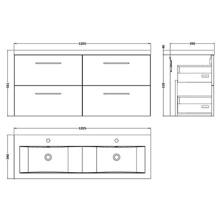 Nuie Arno Wall Hung 4 Drawer Vanity & Double Basin (1 size, 9 colours) - Brand New Bathrooms