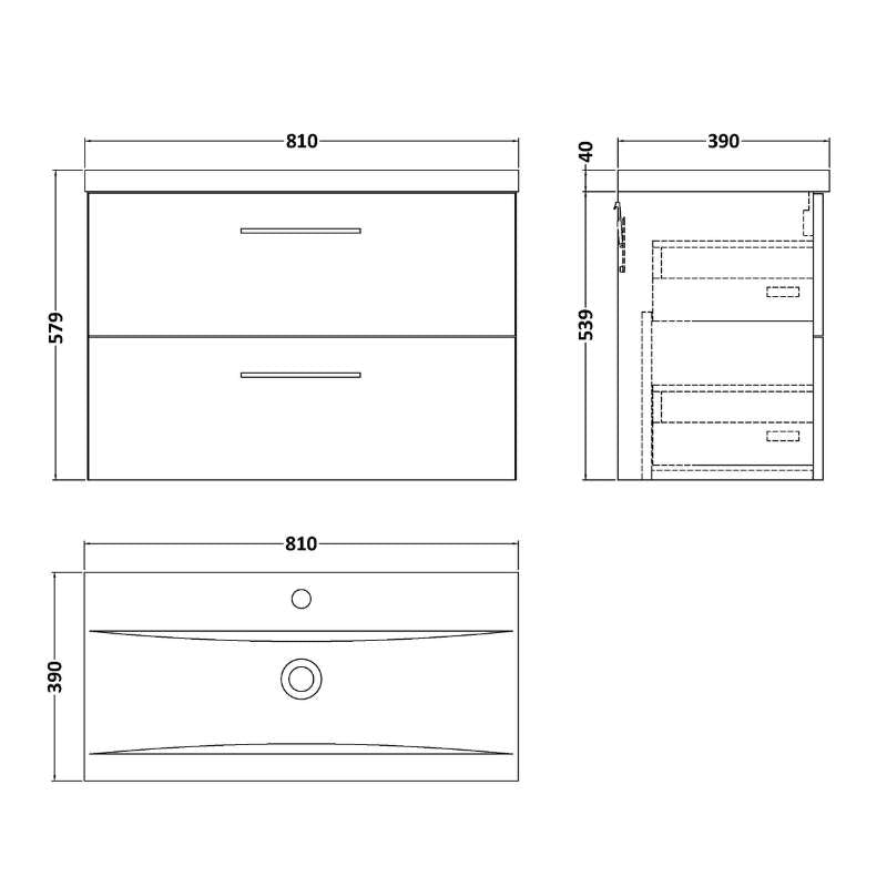 Nuie Arno Wall Hung 2 Drawer Vanity & Basin 1 (1 size, 9 colours) - Brand New Bathrooms