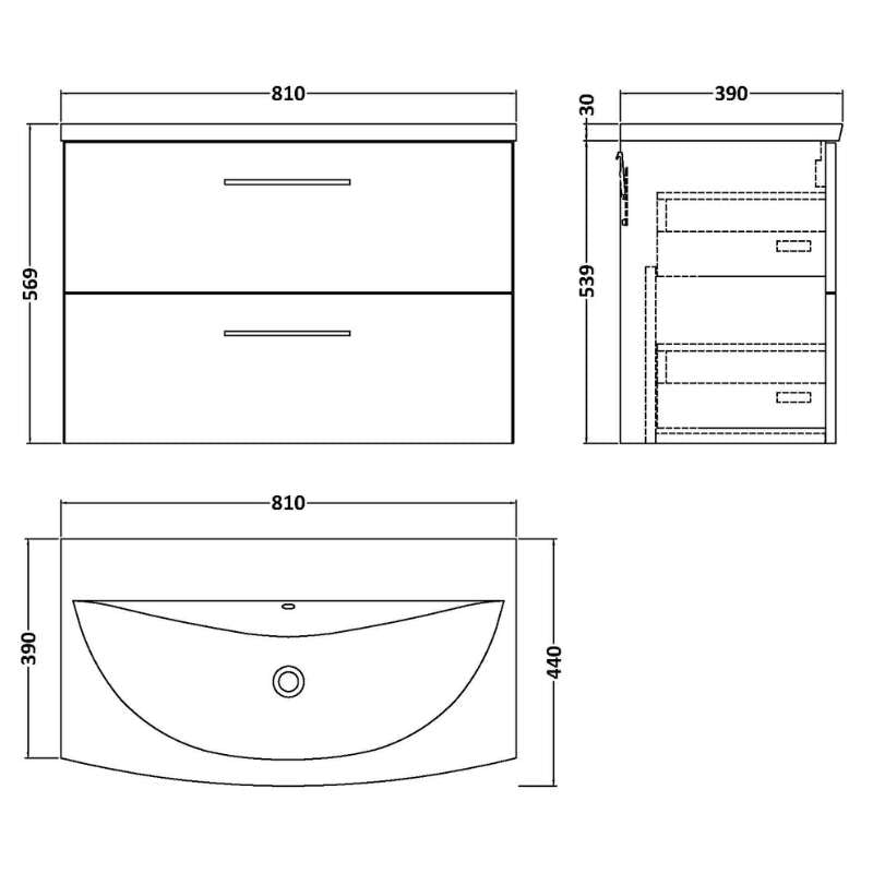 Nuie Arno Wall Hung 2 Drawer Vanity & Basin 4 (1 size, 9 colours) - Brand New Bathrooms