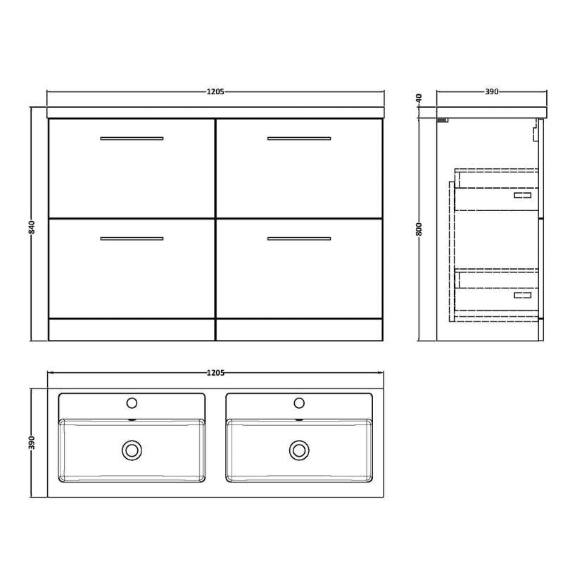 Nuie Arno Floor Standing 4 Drawer Vanity & Double Basin 1 (1 size, 9 colours) - Brand New Bathrooms