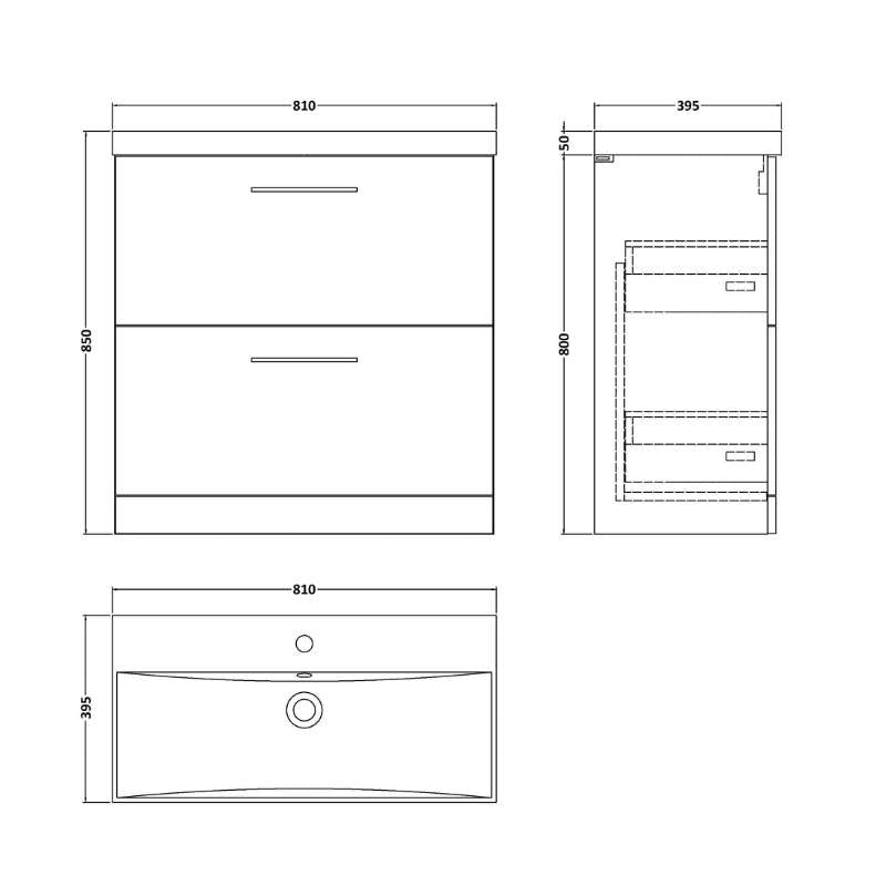 Nuie Arno Floor Standing 2 Drawer Vanity & Basin 3 (1 size, 9 colours) - Brand New Bathrooms