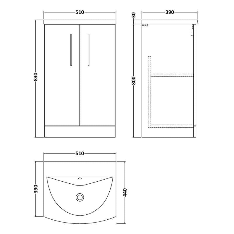 Nuie Arno Floor Standing 2-Door Vanity & Curved Basin (1 size, 9 colours) - Brand New Bathrooms