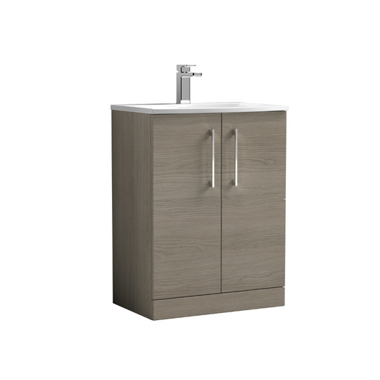 Nuie Arno 600mm Floor Standing 2-Door Vanity & Curved Basin (1 size, Solace Oak) - Brand New Bathrooms