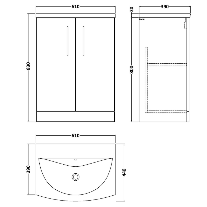 Nuie Arno 600mm Floor Standing 2-Door Vanity & Curved Basin (1 size, Solace Oak) - Brand New Bathrooms