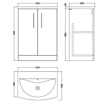 Nuie Arno 600mm Floor Standing 2-Door Vanity & Curved Basin (1 size, Solace Oak) - Brand New Bathrooms