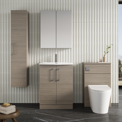 Nuie Arno 600mm Floor Standing 2-Door Vanity & Curved Basin (1 size, Solace Oak) - Brand New Bathrooms