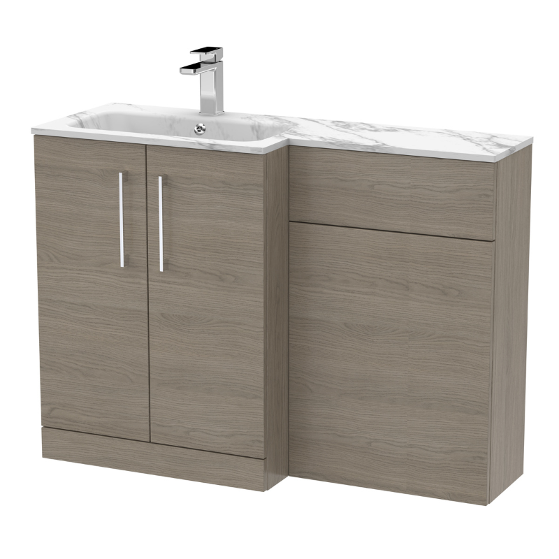 Nuie Arno Floor Standing 1100mm Left Hand Combination Vanity Unit (1 size, 2 style, Solace Oak) - Brand New Bathrooms
