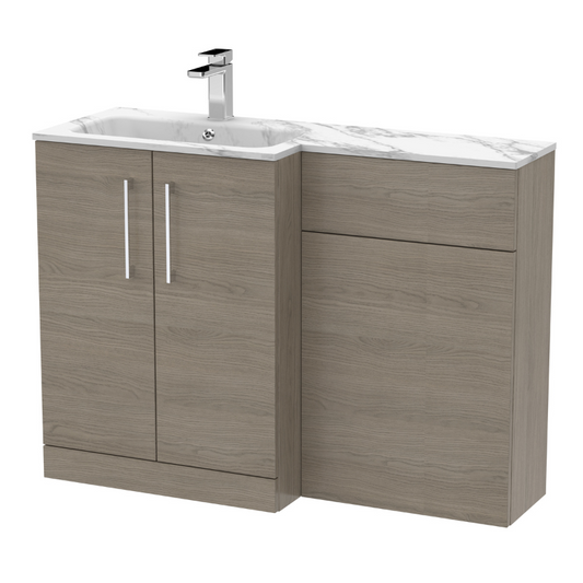 Nuie Arno Floor Standing 1100mm Left Hand Combination Vanity Unit (1 size, 2 style, Solace Oak) - Brand New Bathrooms