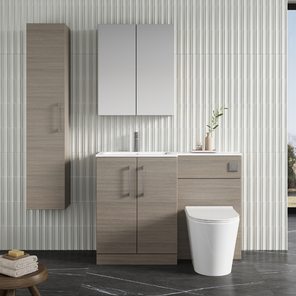 Nuie Arno Floor Standing 1100mm Left Hand Combination Vanity Unit (1 size, 2 style, Solace Oak) - Brand New Bathrooms