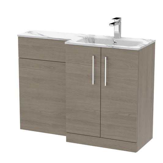 Nuie Arno Floor Standing 1100mm Left Hand Combination Vanity Unit (1 size, 2 style, Solace Oak) - Brand New Bathrooms