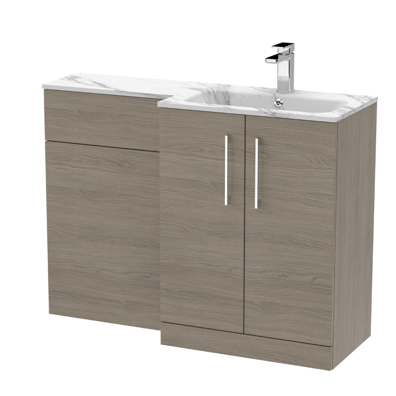 Nuie Arno Floor Standing 1100mm Left Hand Combination Vanity Unit (1 size, 2 style, Solace Oak) - Brand New Bathrooms
