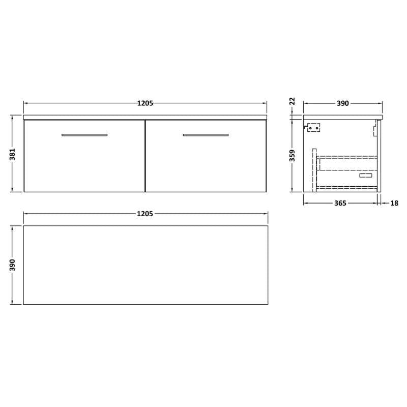 Nuie Arno Wall Hung 2-Drawer Vanity & Laminate Worktop (1 size, 8 colours) - Brand New Bathrooms