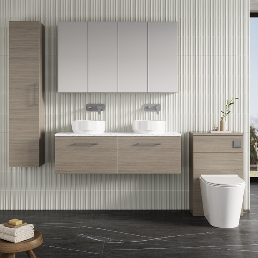 Nuie Arno 1200mm Wall Hung 2-Drawer Vanity & Laminate Worktop (1 size, Solace Oak) - Brand New Bathrooms