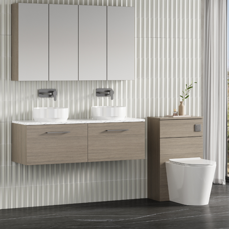 Nuie Arno 1200mm Wall Hung 2-Drawer Vanity & Laminate Worktop (1 size, Solace Oak) - Brand New Bathrooms
