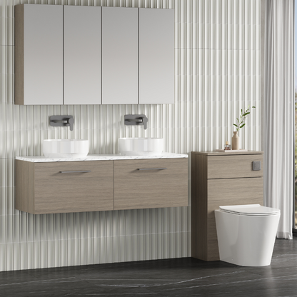 Nuie Arno 1200mm Wall Hung 2-Drawer Vanity & Laminate Worktop (1 size, Solace Oak) - Brand New Bathrooms