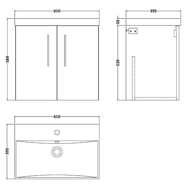 Nuie Arno Wall Hung 2 Door Vanity & Basin 3 (1 size, 8 colours) - Brand New Bathrooms