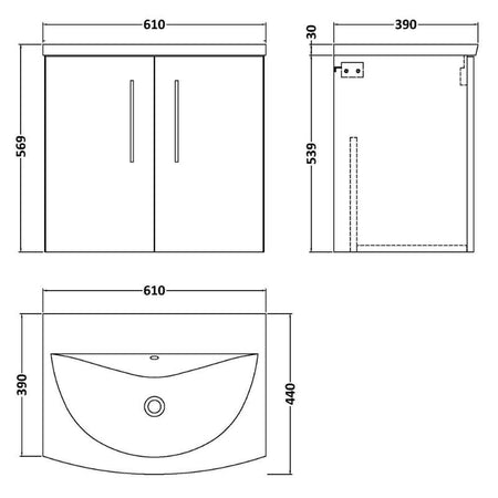 Nuie Arno Wall Hung 2-Door Vanity & Curved Basin (1 size, 8 colours) - Brand New Bathrooms