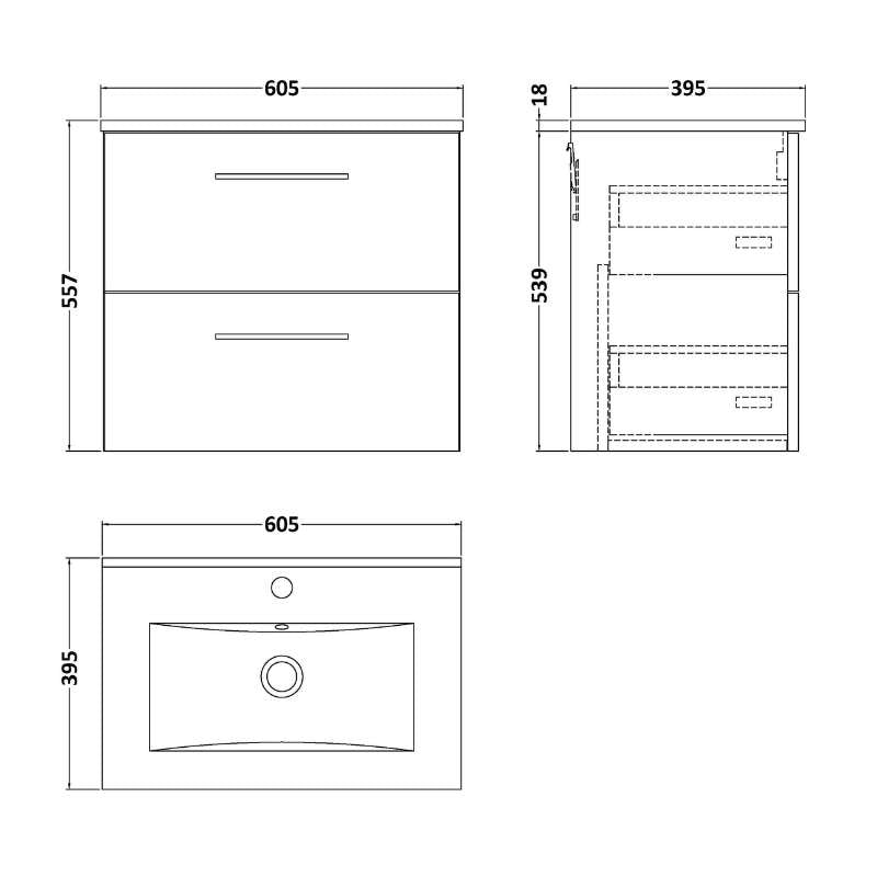 Nuie Arno Wall Hung 2 Drawer Vanity & Basin 2 (1 size, 9 colours) - Brand New Bathrooms