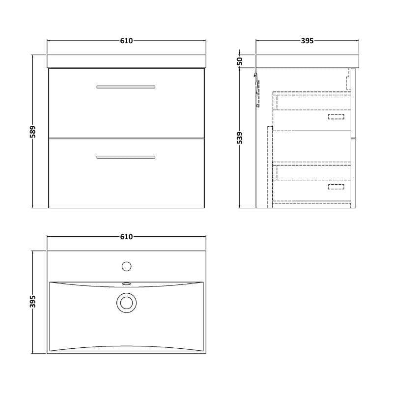 Nuie Arno Wall Hung 2 Drawer Vanity & Basin 3 (1 size, 9 colours) - Brand New Bathrooms