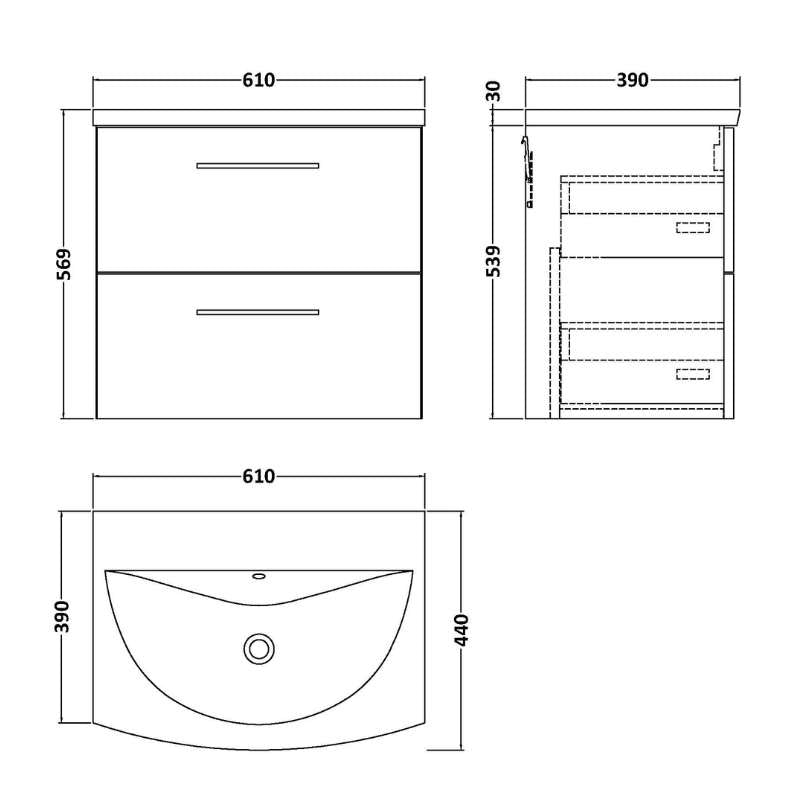Nuie Arno Wall Hung 2 Drawer Vanity & Basin 4 (1 size, 9 colours) - Brand New Bathrooms
